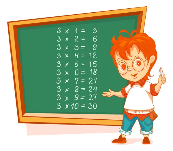 Niño estudiante escribir tabla de multiplicación 3 en pizarra. Matemáticas lección educación — Vector de stock