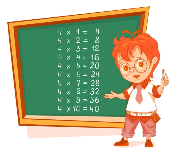 Niño de la escuela de mesa de multiplicación cuatro en pizarra — Vector de stock