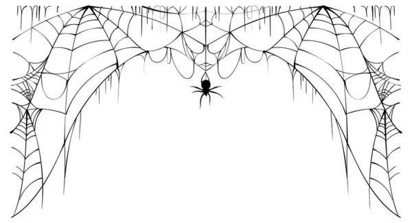 Τρομακτικός ιστός αράχνης και δηλητηριώδης κορνίζα αράχνης σε λευκό φόντο σύμβολο του Halloween — Διανυσματικό Αρχείο