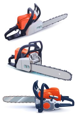 Benzin zinciri testere görüntüsünü beyaz kereste hasadında izole et