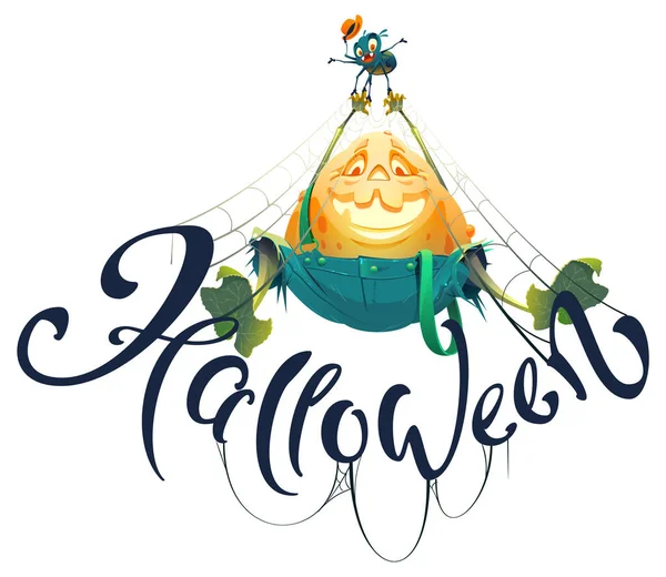 Tarjeta de felicitación de la plantilla de texto de Halloween feliz. Lámpara de calabaza divertida y saludo de tela de araña — Archivo Imágenes Vectoriales