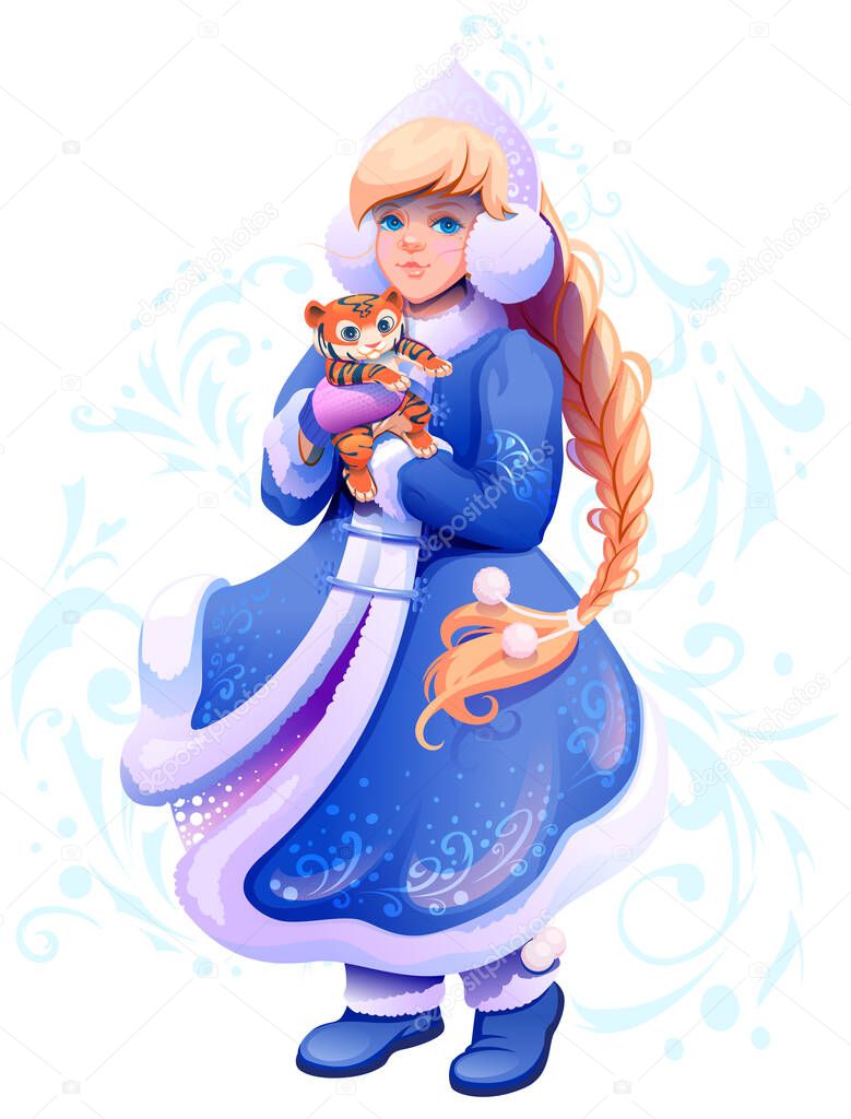 Snow Maiden Snegurochka granddaughter of russian santa claus hold small tiger in her hands symbol of 2022 year to chinese calendar