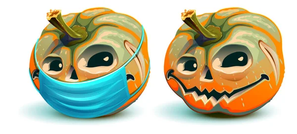 Halloween and coronavirus. Pumpkin lantern in protective medical mask — Stock Vector