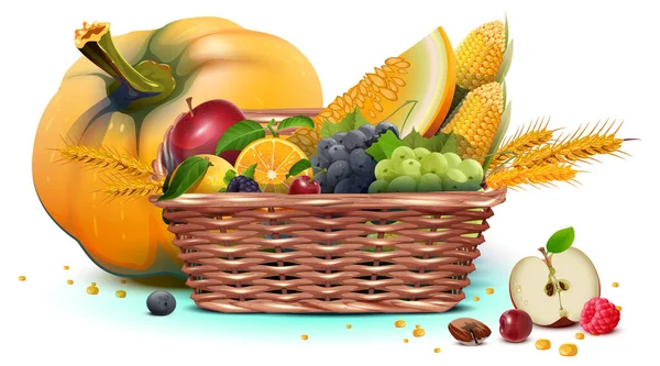 Ricco cesto di vimini pieno raccolto di frutta e verdura. Giorno del Ringraziamento raccolto pesante — Vettoriale Stock
