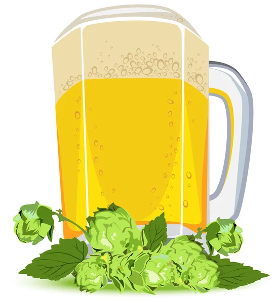 Taza de cerveza lager y lúpulo verde — Vector de stock