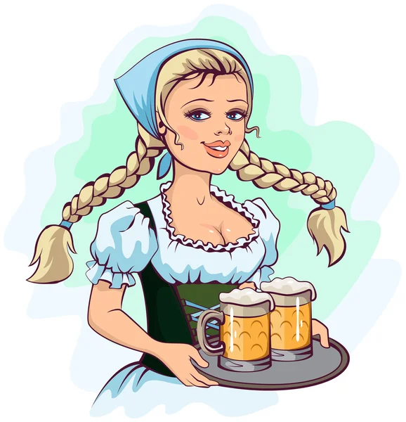 Oktoberfest chica camarera sostiene bandeja de cerveza — Vector de stock