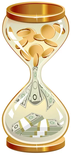 Time is money. Hourglass coins and notes — Stock Vector