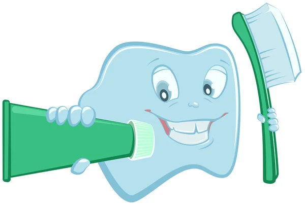 Zub drží zubní pastu a kartáček na zuby — Stockový vektor