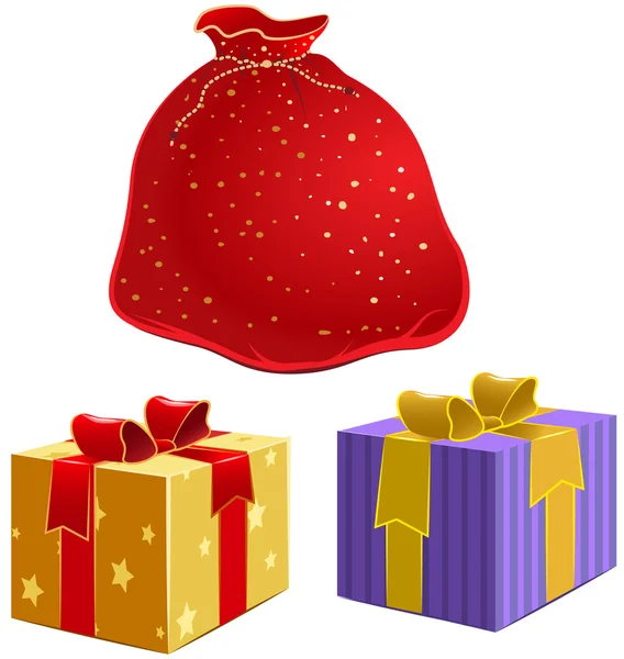 Red bag with gifts and the box with ribbon — Stock Vector