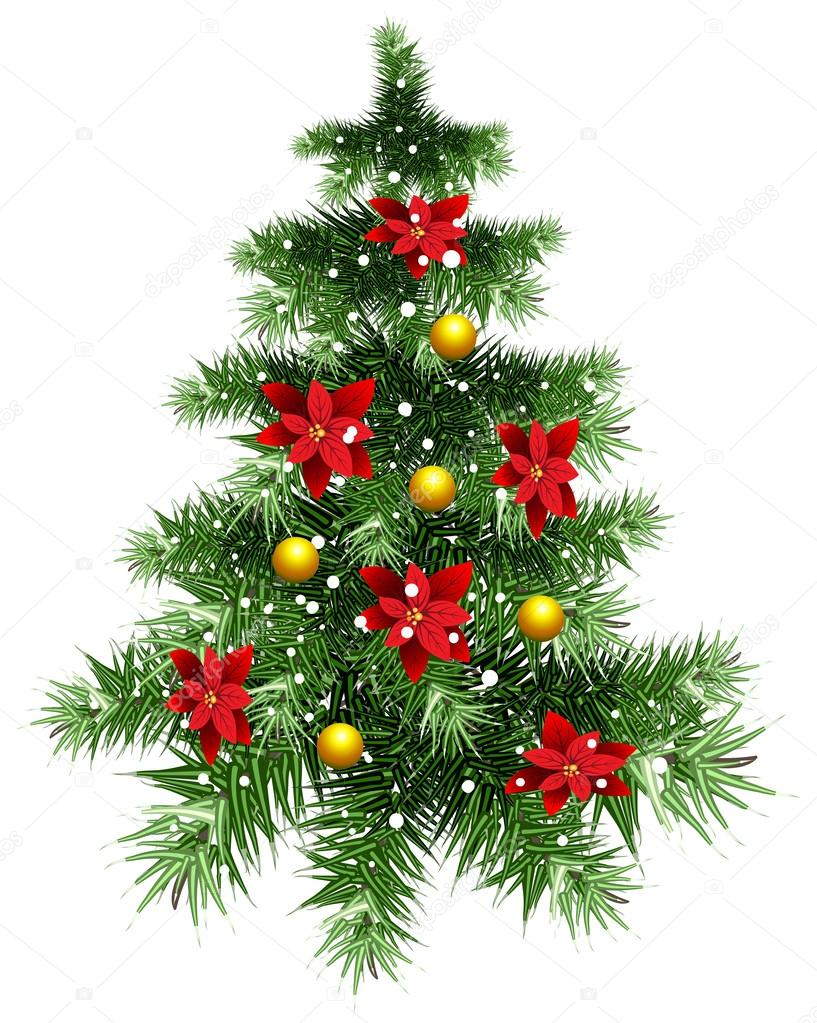 Fluffy green Christmas tree with ornaments
