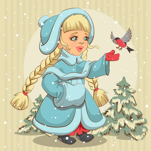 Snow Maiden en manteau de fourrure bleu nourrit le bullfinch — Image vectorielle