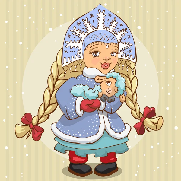 Snow Maiden en manteau de fourrure bleue tient un agneau — Image vectorielle