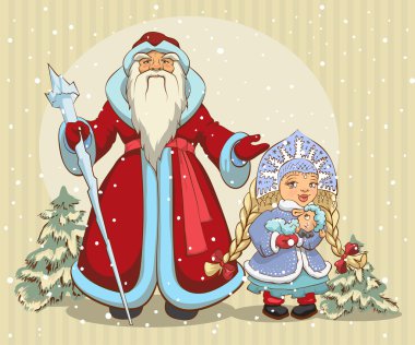 Rus Noel Baba. Büyükbaba Frost ve kar kızlık. Noel kartı