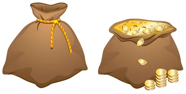 Kahverengi çanta dolusu altın sikkeleri — Stok Vektör