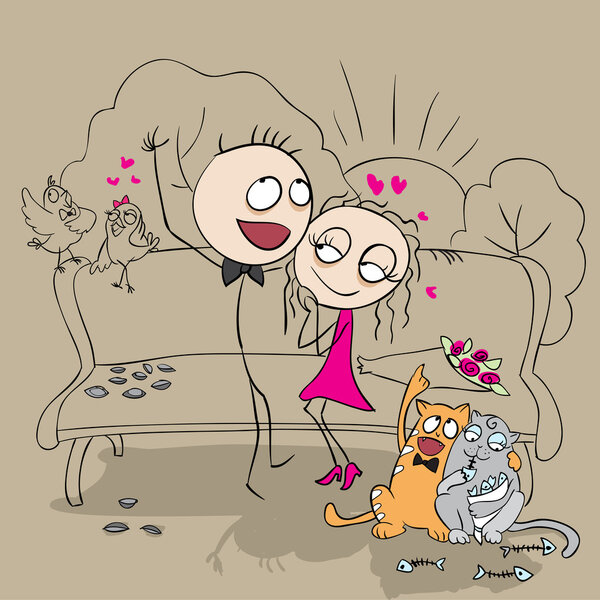 Loving couple on a bench. Card for Valentine's Day