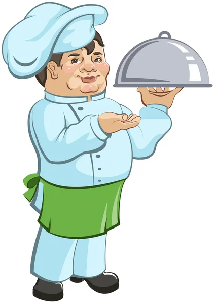 Chef grueso cocinero es un plato — Vector de stock