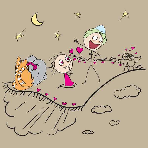 Couple in love fly on the carpet plane