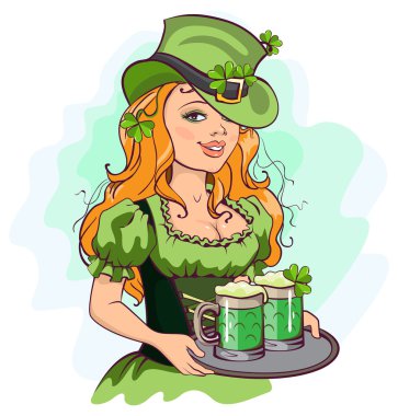 Yeşil bira bir tepsi tutarak Patrick kız