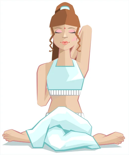 Chica sentada en yoga pose gomukhasana. Postura de cabeza de vaca — Vector de stock