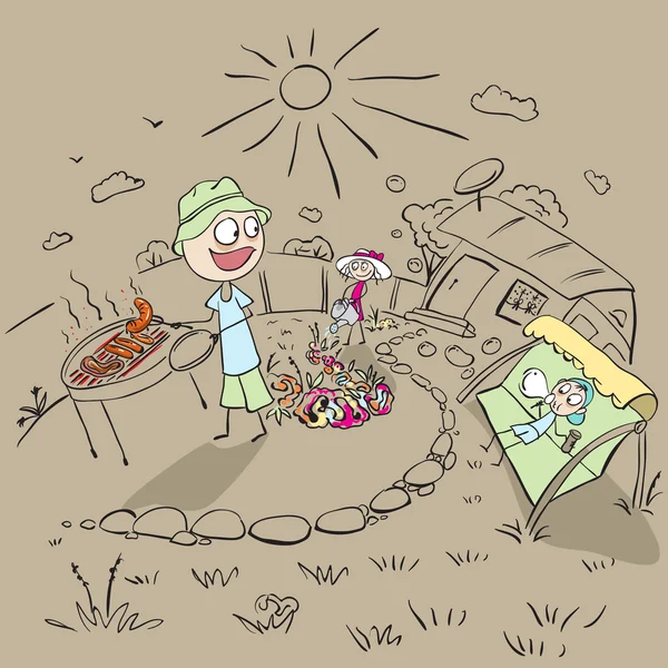 Familie picknick in de tuin van het huis — Stockvector