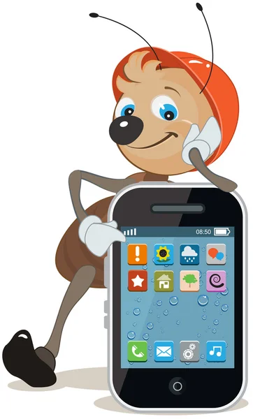 Mravenec v helmě se zobrazuje na obrazovku smartphone — Stockový vektor