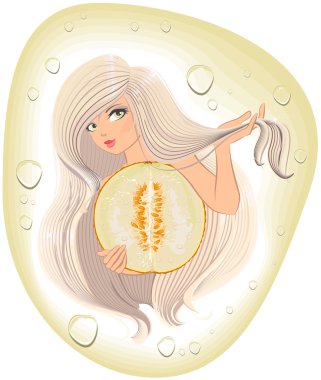 Kesilmiş bir kavun tutarak uzun saçlı sarışın