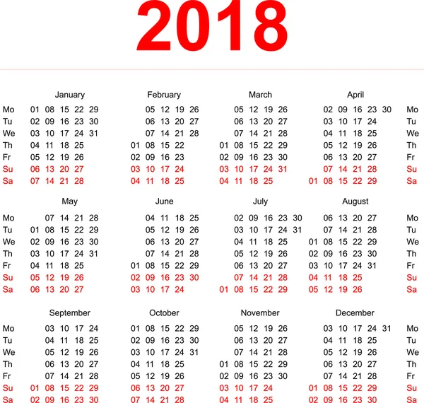 Plantilla Calendario 2018. Semanas verticales. Primer día Lunes — Vector de stock