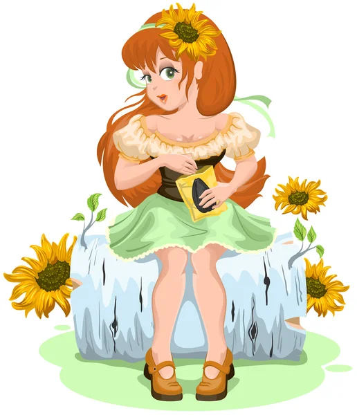 Dívka sedí na březové špalky a křupky pražená slunečnicová semena — Stockový vektor