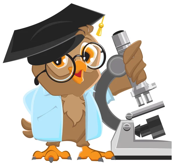 Owl professor in mortarboard holding the microscope — Stock Vector