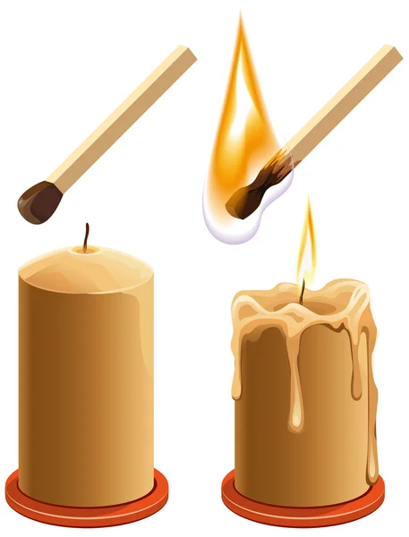 Set match and candle. New and burns — Stock Vector