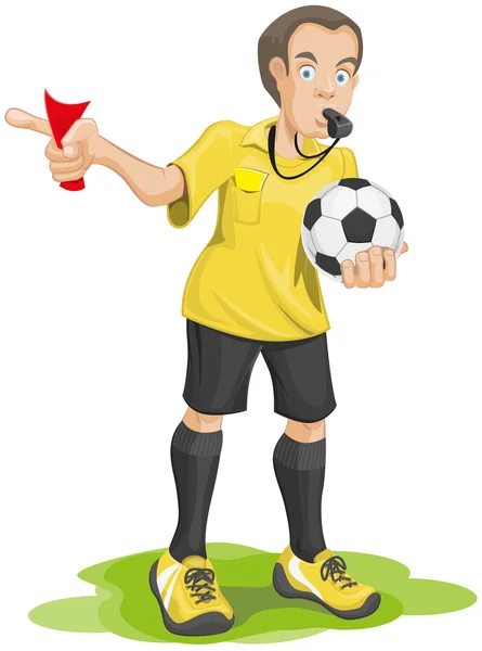 Soccer referee whistles and shows red card. — Stock Vector