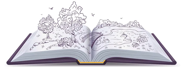 Λιβάδι, ποτάμι, γέφυρα και δέντρα στις σελίδες του ένα ανοικτό βιβλίο. Εννοιολογική απεικόνιση — Διανυσματικό Αρχείο
