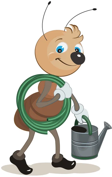 Ant gardener carries the hose and watering can — Stock Vector