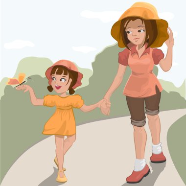 Mother walks with her daughter in the park clipart