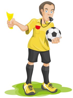Futbol hakem ıslık çalar ve sarı kart gösterir.