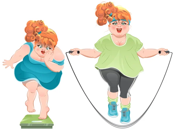 Fat woman with horror looks at the scales, and then jumps on a skipping rope — Stock Vector
