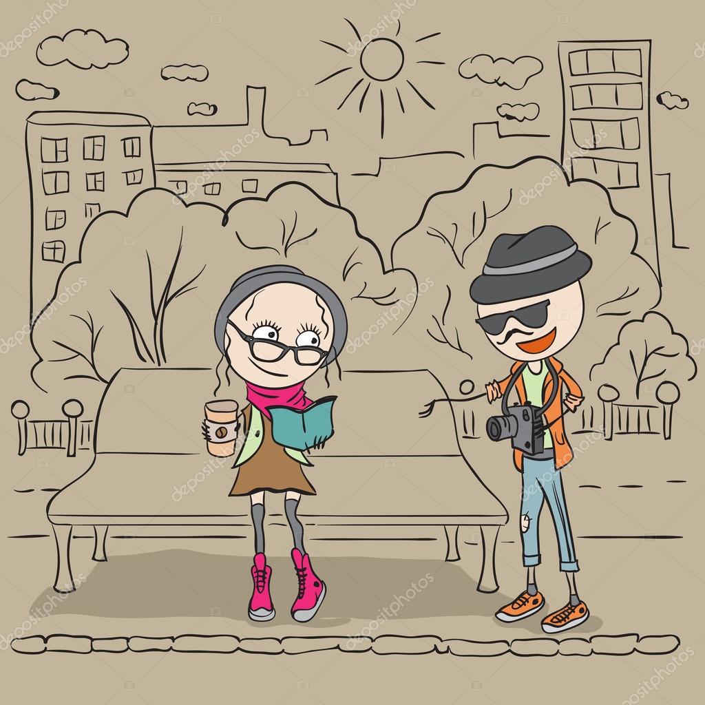 Ragazza hipster seduto su una panchina e bere un caff¨ Le Hipster girl sitting on a bench and drink coffee The guy hipster photographs Cartoon illustration in vector format — Vettoriali di orensila