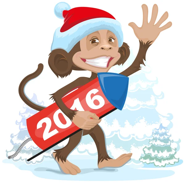 Christmas monkey wearing a Santa Claus brings fireworks 2016 — Stock Vector