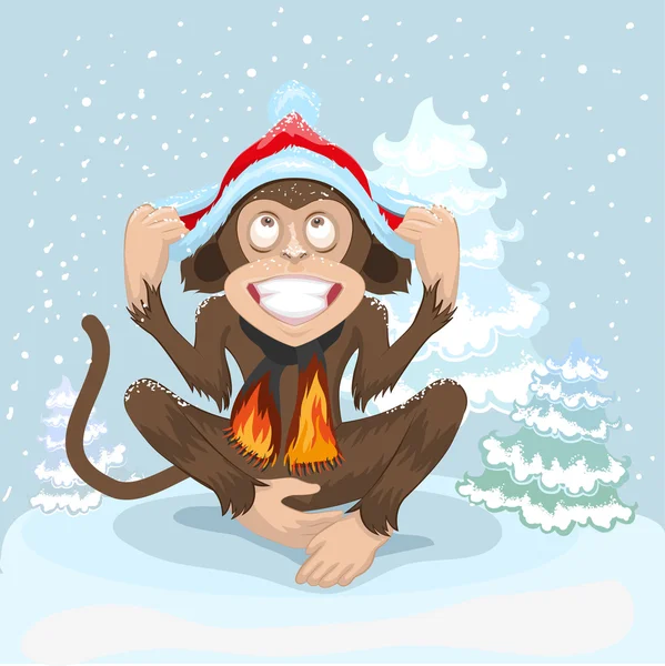 Maymun kar üzerinde oturuyor ve Santa Claus kap koyar — Stok Vektör
