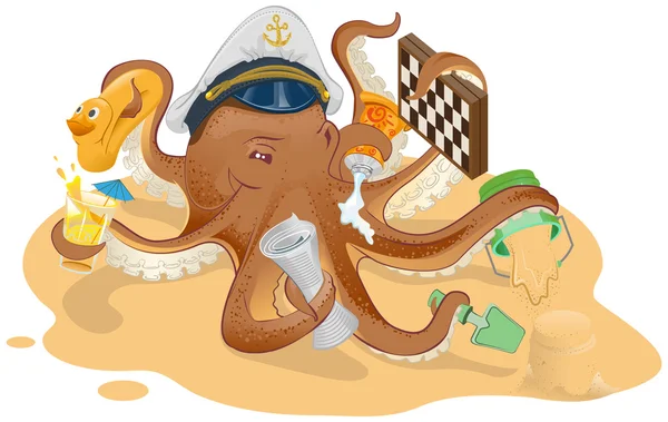 Sommarlovet. Octopus har god tid på stranden — Stock vektor