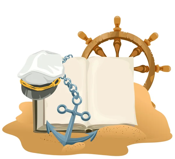 Sea Adventure. Open book, anchor, captain cap and wheel lying on sand — Stock Vector