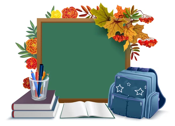 De vuelta a la escuela. Pizarra, mochila, libros sobre fondo hojas de otoño — Vector de stock