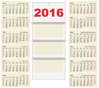 Template wall quarterly Calendar for 2016 clipart