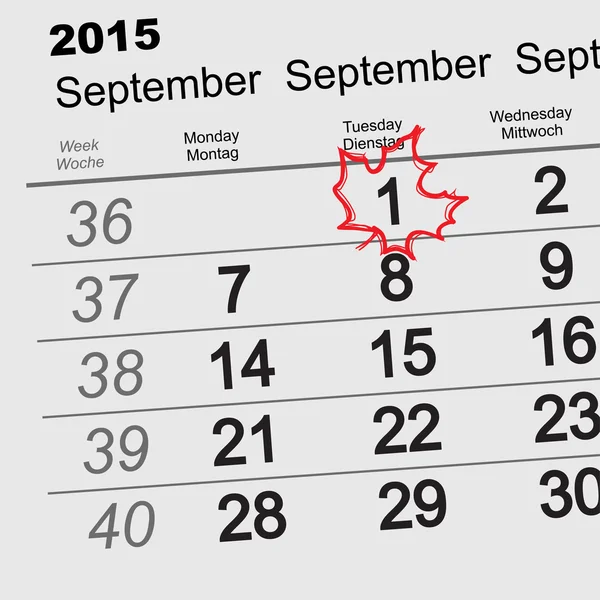 1 september - terug naar school. Maple Leaf op de kalender — Stockvector