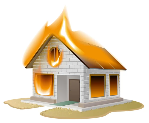White brick house on fire. Country cottage in danger — Stock Vector