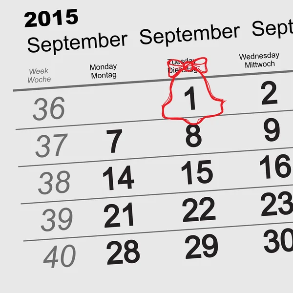 1 settembre Primo giorno di scuola. Campana rossa con nastro — Vettoriale Stock