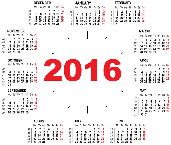 Kalender Wandklok 2016 — Stockvector