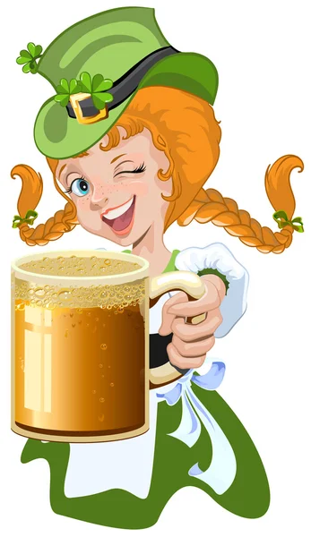 Fille aux cheveux rouges leprechaun tenant une tasse de bière en verre — Image vectorielle