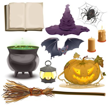Halloween nesneleri aksesuarları ayarlayın. Kabak, fener, şapka, süpürge, kazan, örümcek, yarasa ve eski kitap