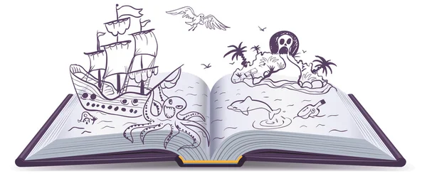 Livre ouvert Aventure. Trésors, pirates, voiliers, aventure. Lecture fantaisie — Image vectorielle